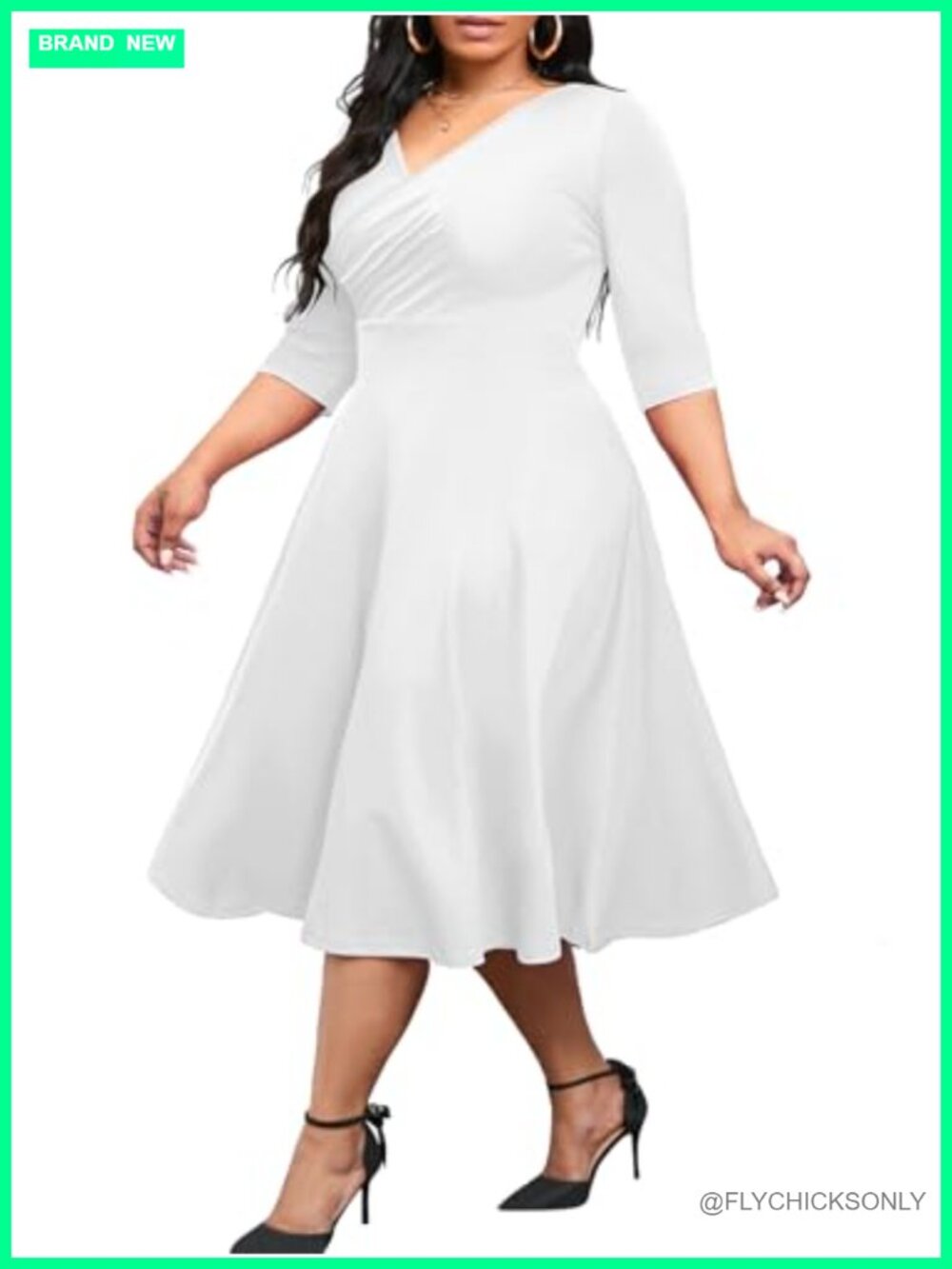 Plus Size A-Line V-Neck Swing Flowy 3/4 Sleeve Dress Casual Midi